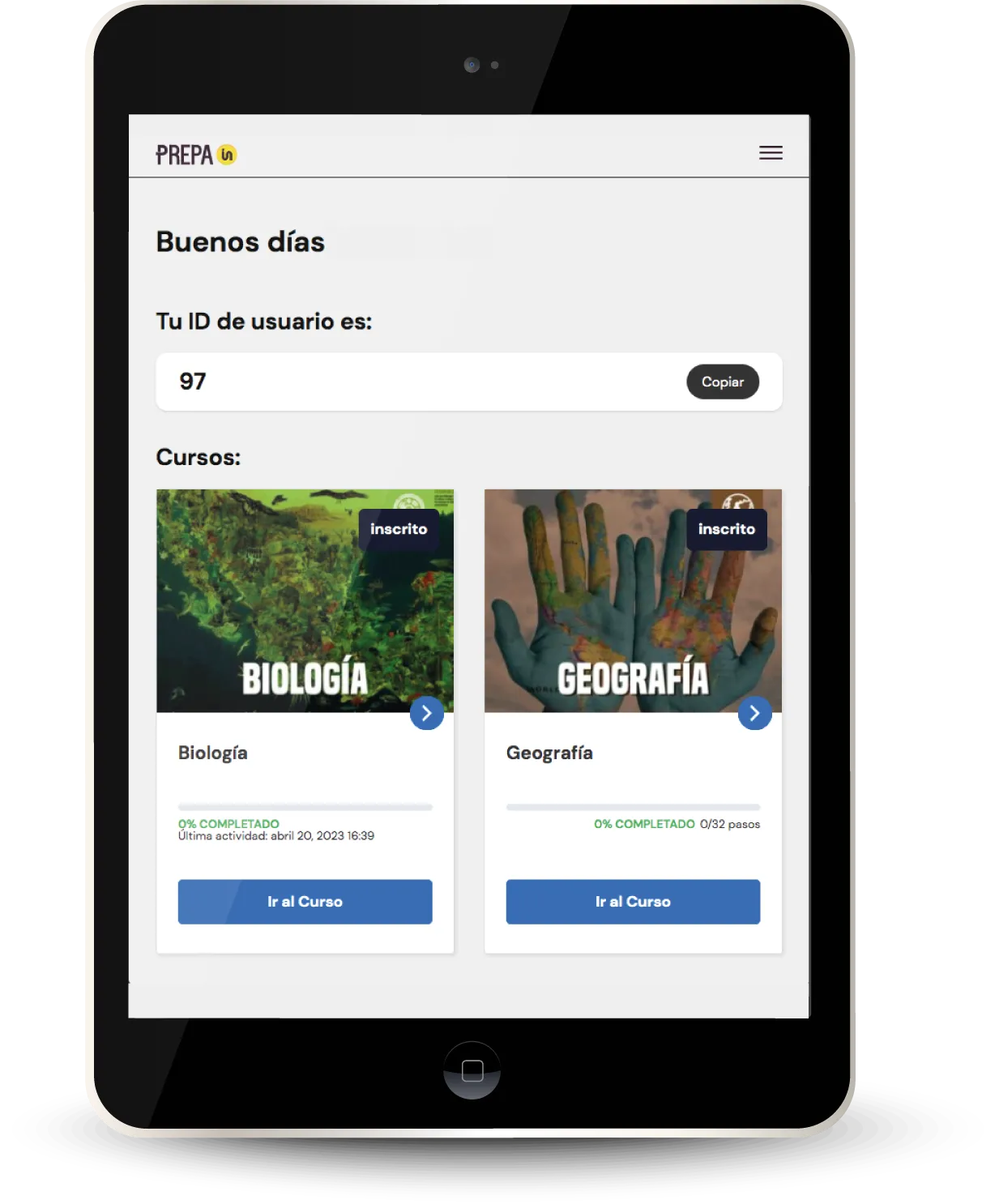 Plataforma Prepa IN en tablet
