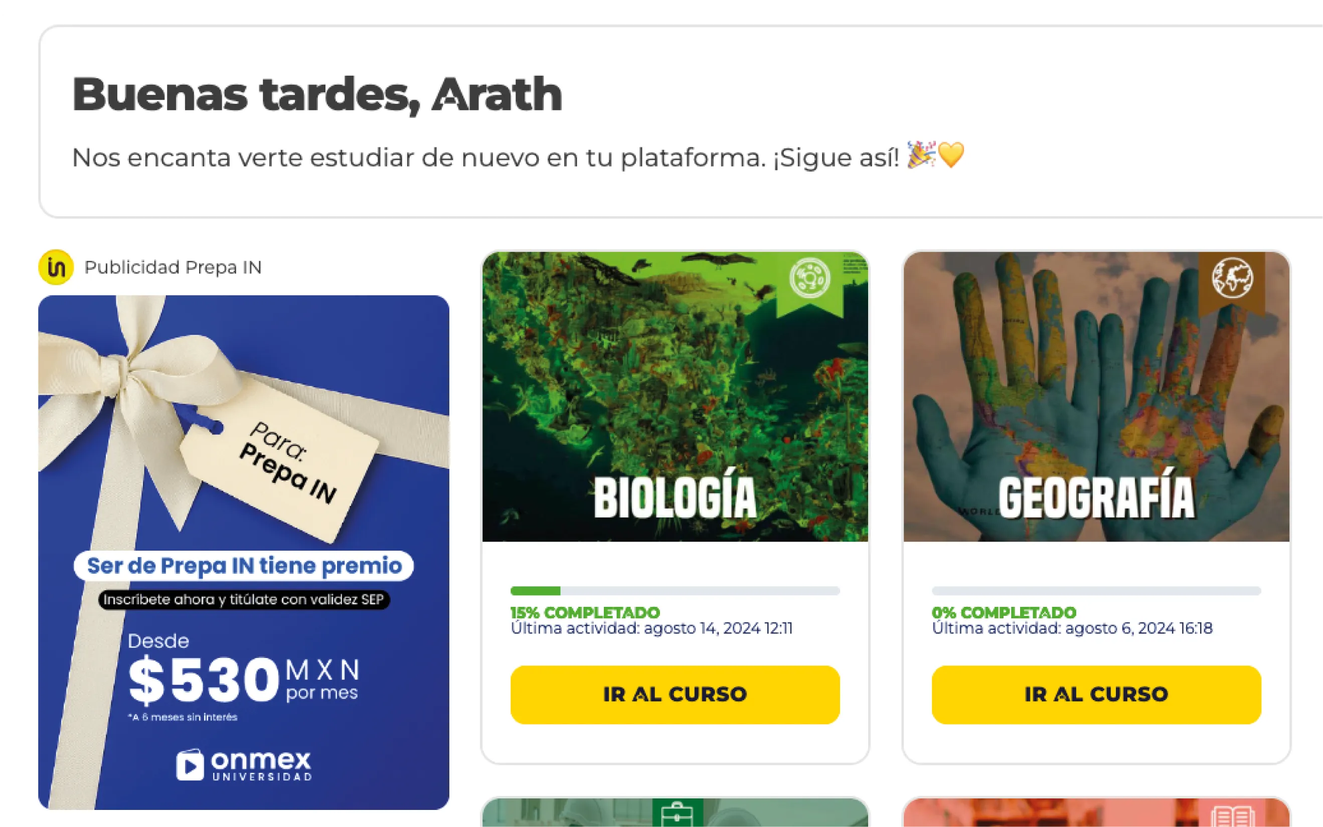 Vista del dashboard de Prepa IN